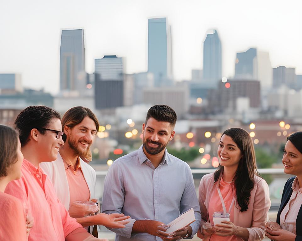A focused team collaborating beside a Grand Rapids skyline view on a bright morning