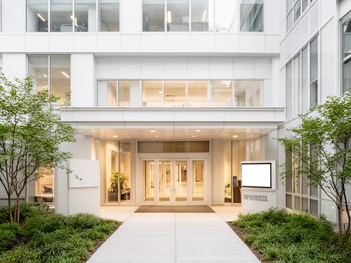 Modern office entrance in Grand Rapids with clear visitor signage and a neat walkway