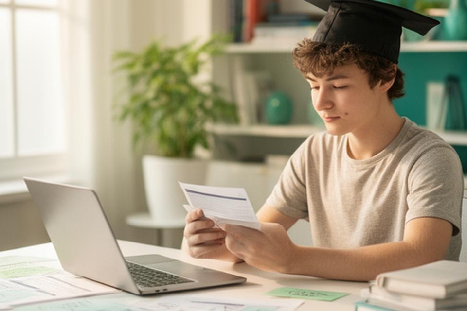 Young graduate reviewing interview notes beside a laptop in a modern home workspace