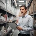 Warehouse team member checking stock on a clipboard beside tall shelving