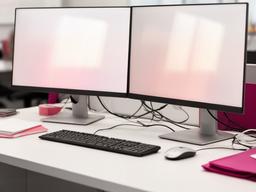 Recruitment support desk with dual monitors and printed schedules in a tidy office