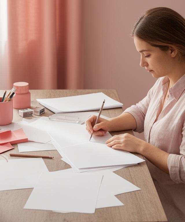 Maya Stone drafting content and candidate guidance in a calm studio workspace