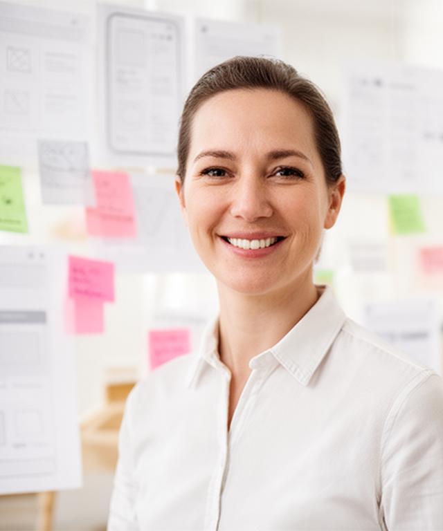Olivia Hart in a bright product workshop with notes and wireframes