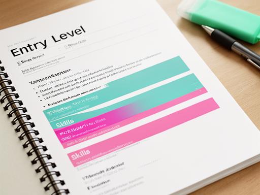 Entry-level resume preview with a simple layout and highlighted skills section on a notebook desk