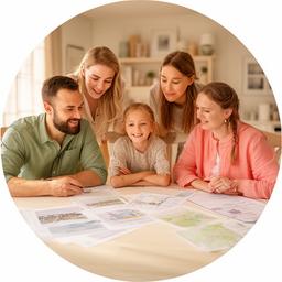 A family looking over relocation plans together in a tidy dining room