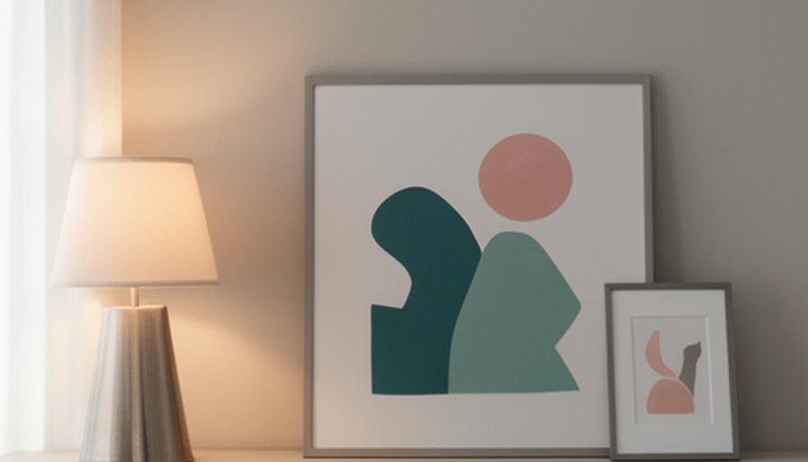 A stylish but simple video call background with a shelf lamp, framed art, and soft window light